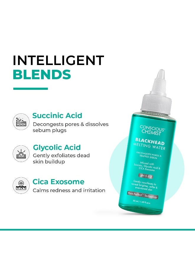 كيميائي واعي ماء إزالة الرؤوس السوداء من كونشيس كيميست® | 50 مل | علاج لطيف للمسام بحمض السكسينيك وحمض الجليكوليك وإكسوسومات السيكا | يفتح المسام، ويزيل الرؤوس السوداء، وينعم البشرة | تونر للرجال والنساء - Image 4